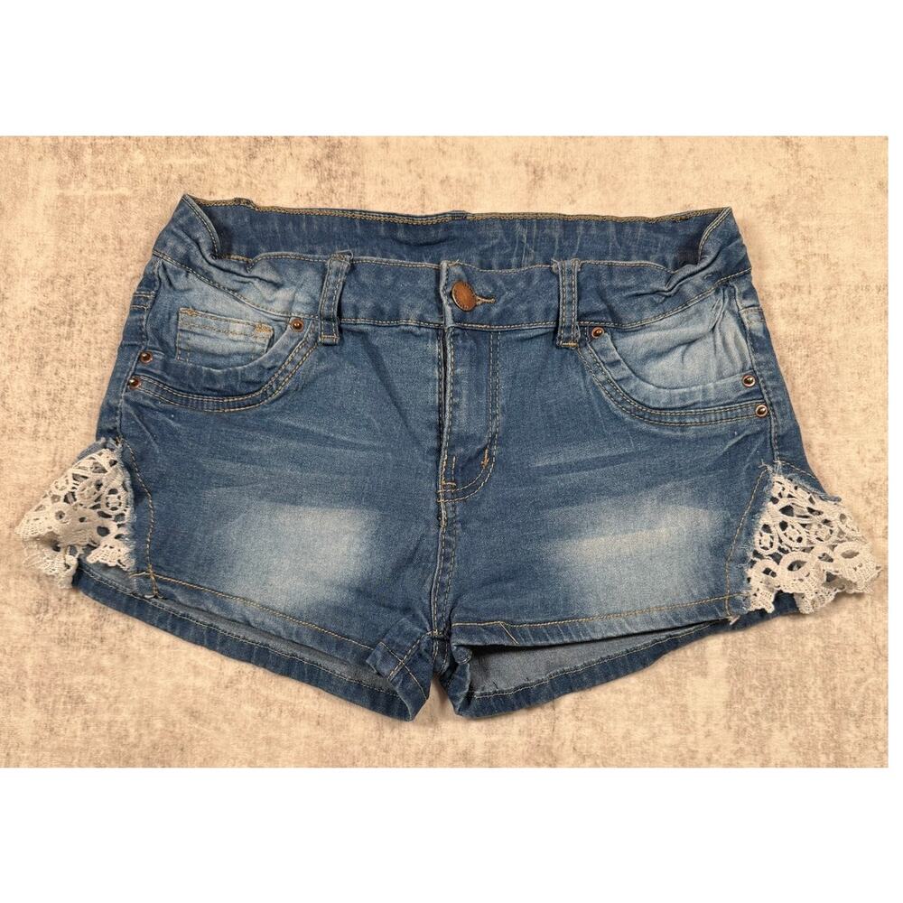 Women’s Denim Shorts Lace Trim Blue Low Rise Stretchy Size L